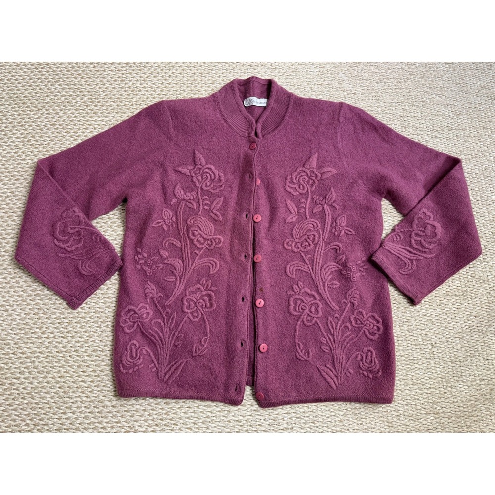 Vintage 100% Wool Floral Embroidered Cardigan Sweater Cottagecore coastal twee L